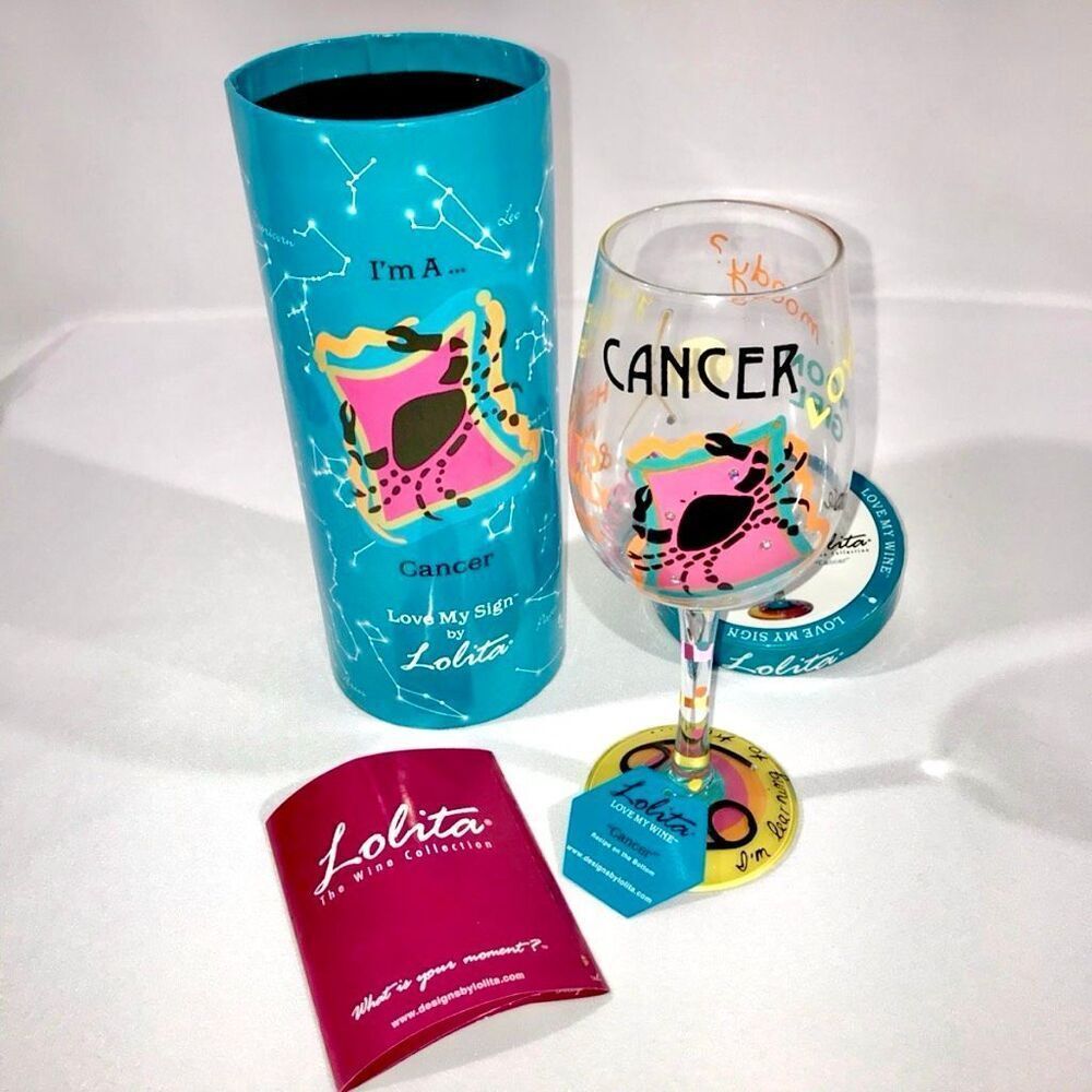 NWT Gorgeous Lolita Love My Sign Cancer 15oz Hand Painted Wine Glass Gift Set